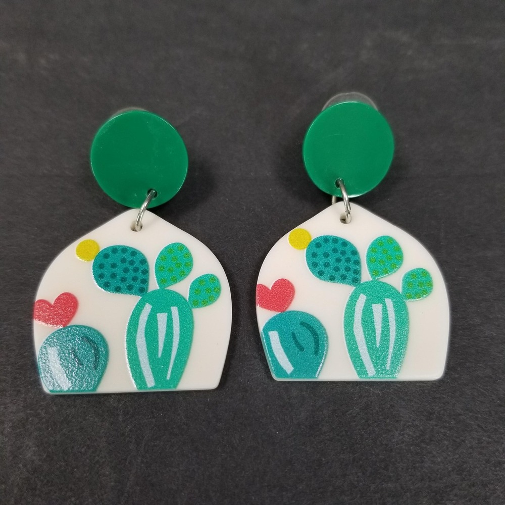 Green Cactus Acrylic Drop Earrings White Arch Heart Desert Statement‎ Dopamine